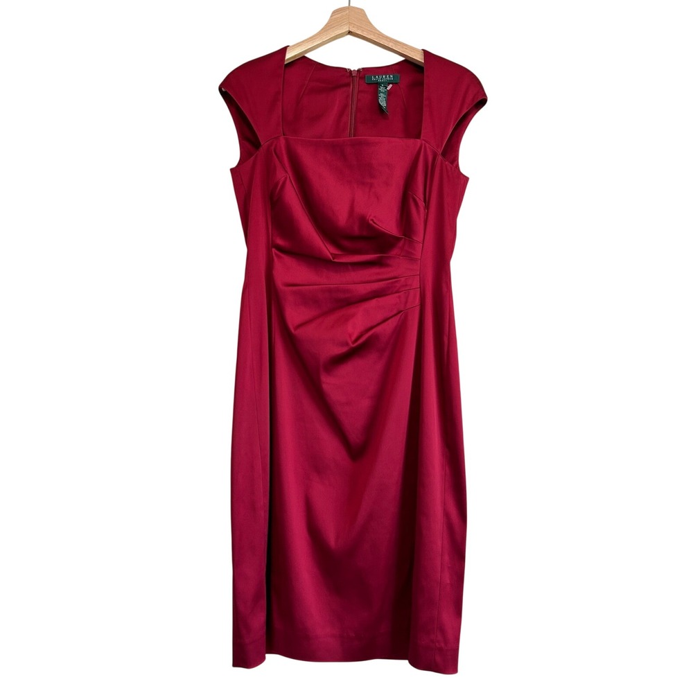 LRL Ralph Lauren Size 8 Dress Red Satin Ruched Sheath Cocktail Cap Square Classy